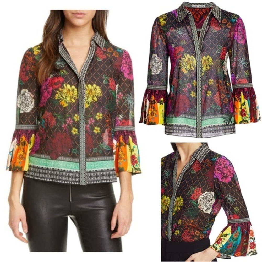 Alice + Olivia Rivera Bell Sleeve Cotton Silk Floral Collar Button Up Blouse